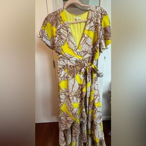 Boutique Aaron and Amber bright fun Yellow and Brown Leaf Print Wrap Dress.
